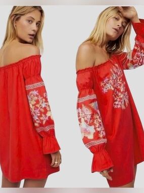 Free People -Red Embroidered Peasant Dress with Floral Detail. Never worn.